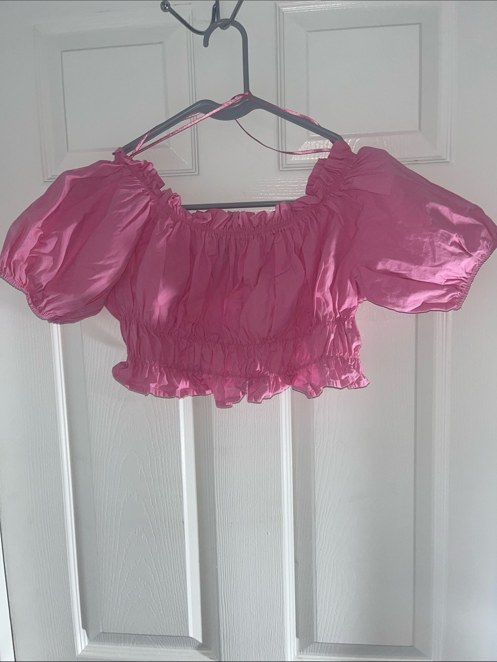 Zara Fuchsia Puff-Sleeve Off-Shoulder Crop Top